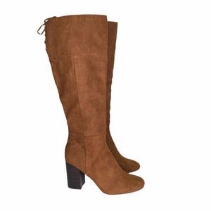 Kenneth Cole Reaction Tobacco Brown Corie Lace Fabric Knee High Boots 8.5M New